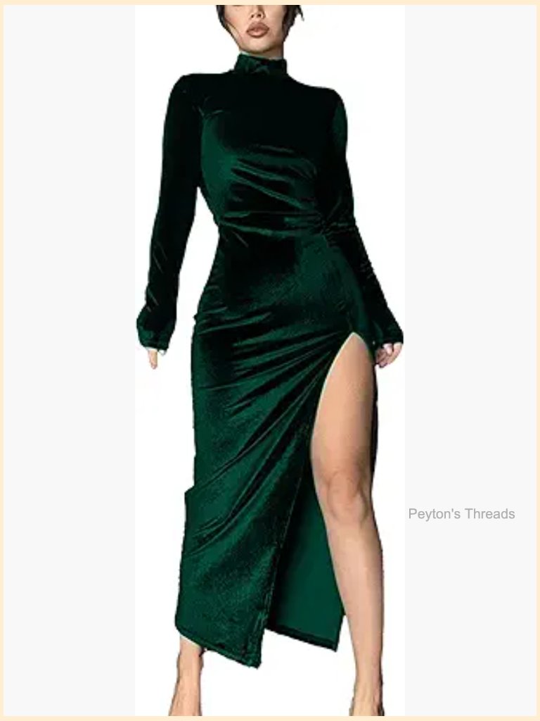 Long Sleeve Velvet Side Ruched High Slit Maxi Dress Bodycon Party Club Dress